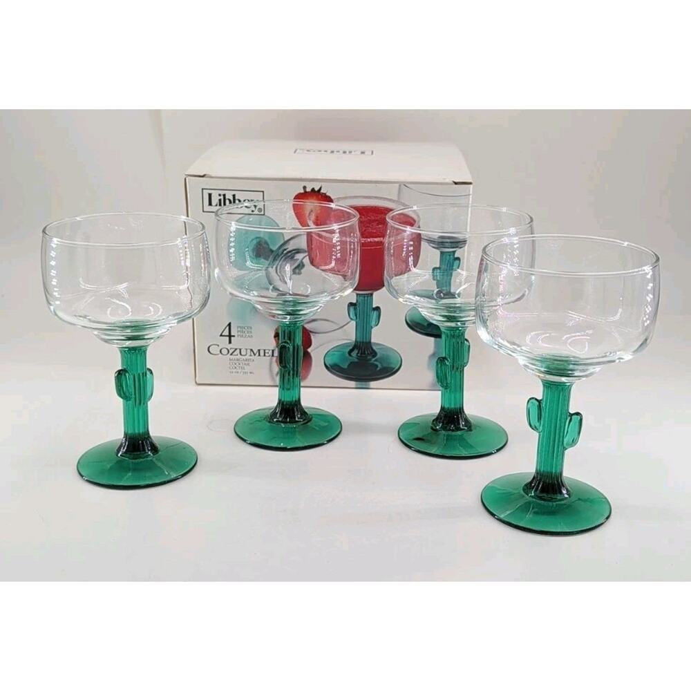 Set of 4 Libbey Margarita Cozumel Glasses Green Cactus Stem 12 oz